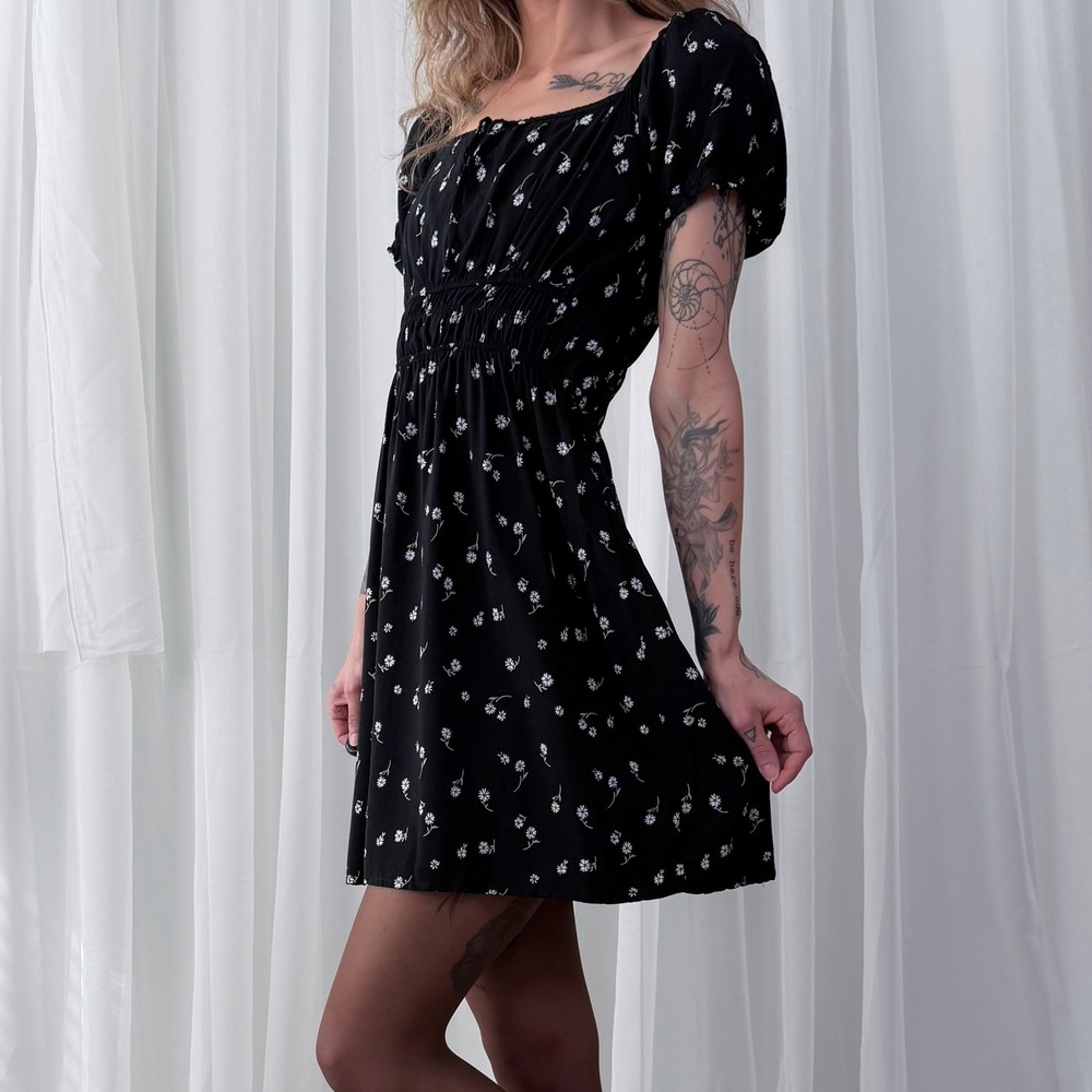 Passport Black Floral Babydoll Mini Dress Boho Small - Picture 5 of 6